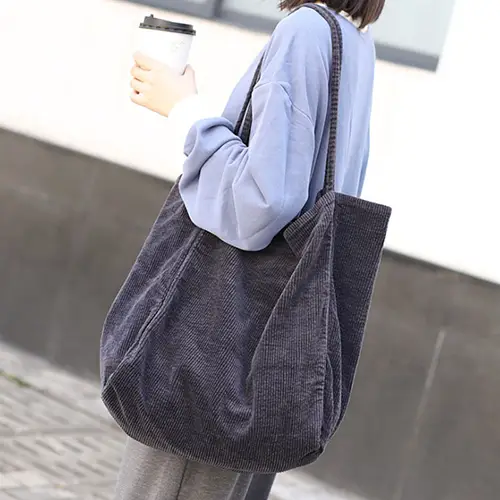 Corduroy Canvas Tote Bag with Large Capacity and Casual Style